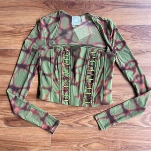 With Jean Olive Green and Brown Lace-Up Corset Top